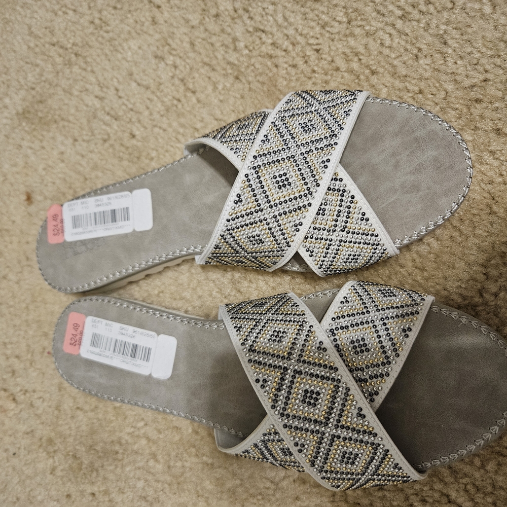 Elegant Beaded Slide Sandals - Gray